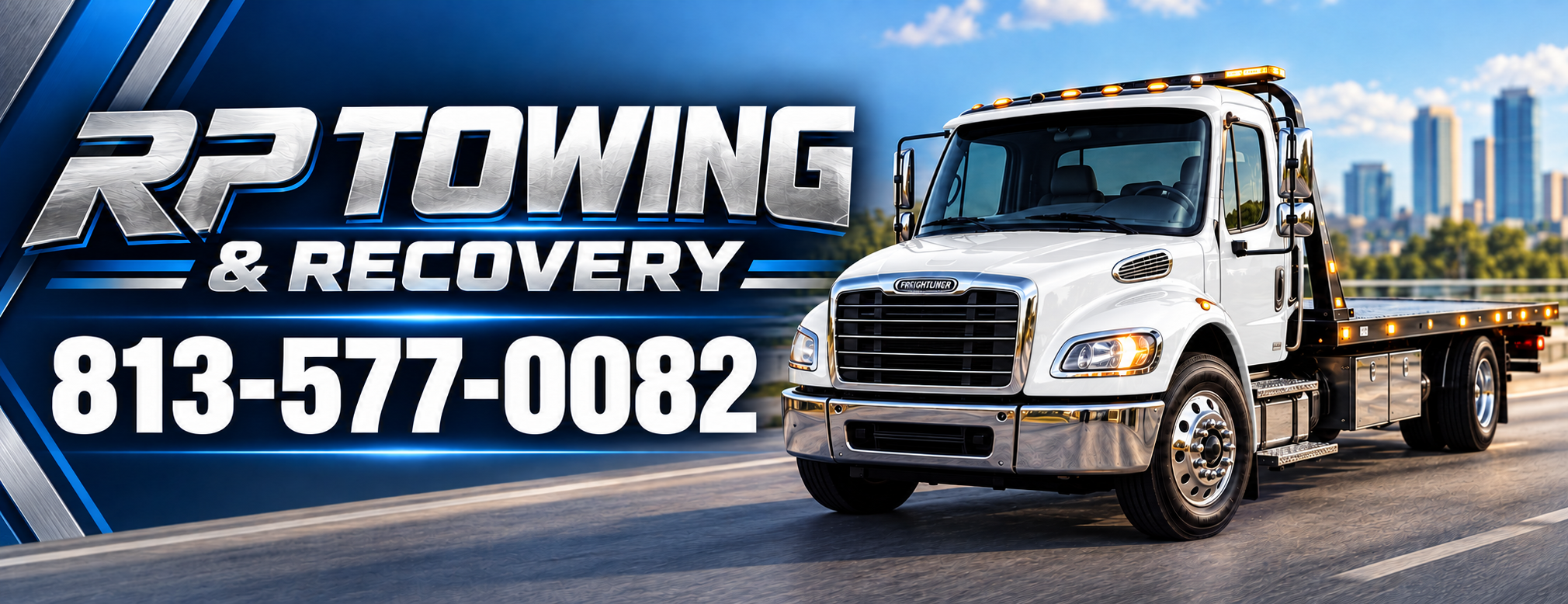 White Freightliner flatbed tow truck with RP Towing and Recovery phone number